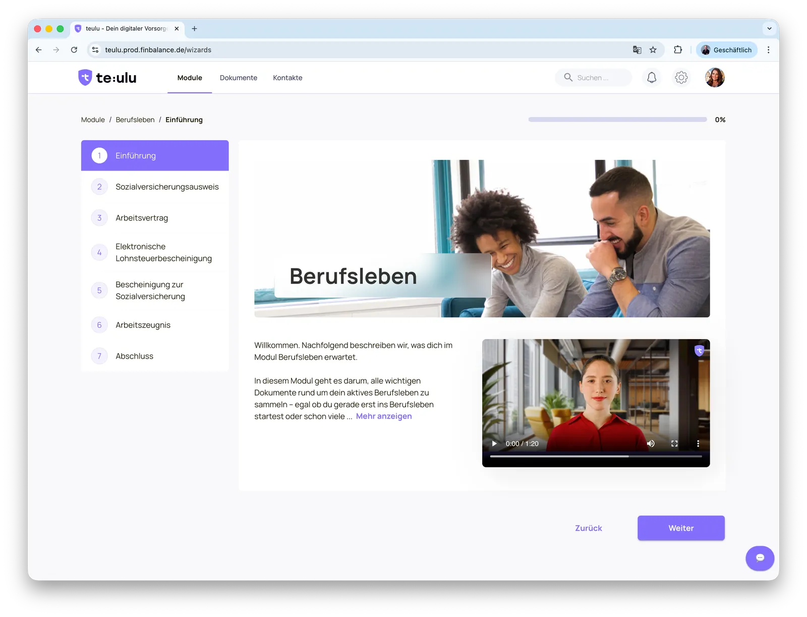 Screenshot der Titelseite des Moduls Berufsleben
