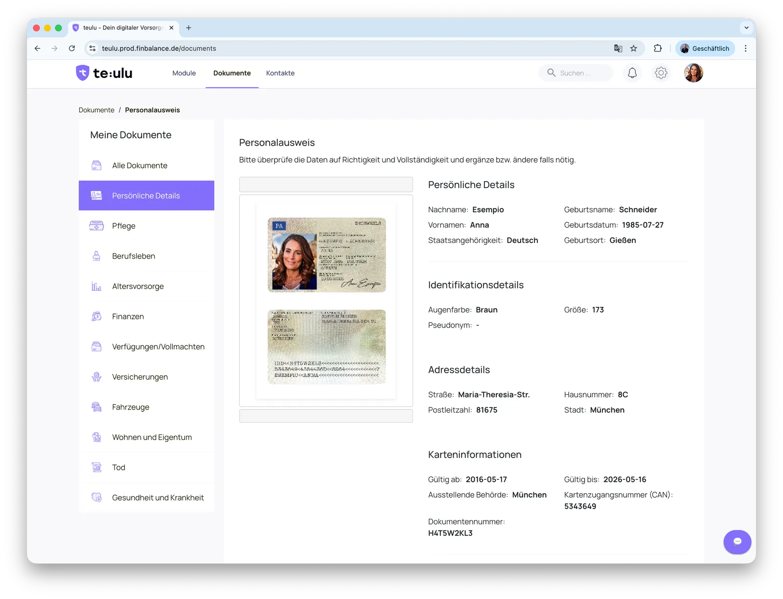 Screenshot der Dokumentansicht in Teulu