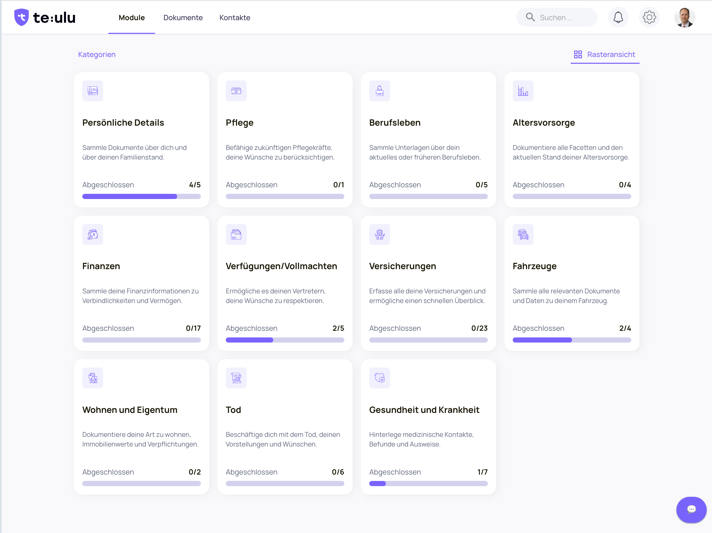 Screenshot der Startseite der Teulu-Anwendung